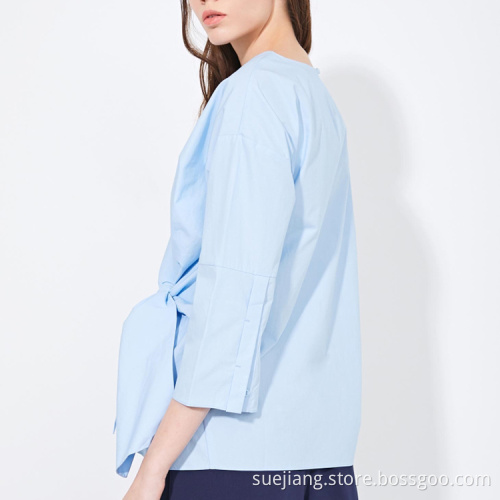 Casual Solid Color Bow Tie Front Blouse